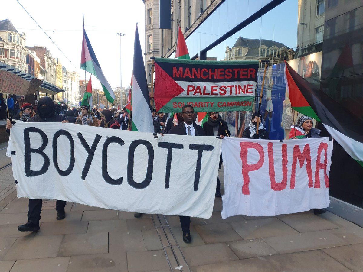 ManPalestine's tweet photo. Photos of the demonstration to #BoycottPUMA in Manchester for the global day of action. @PUMA sponsors the racist Israeli Football Association #NoRestforPuma https://t.co/nOho7PAFSO