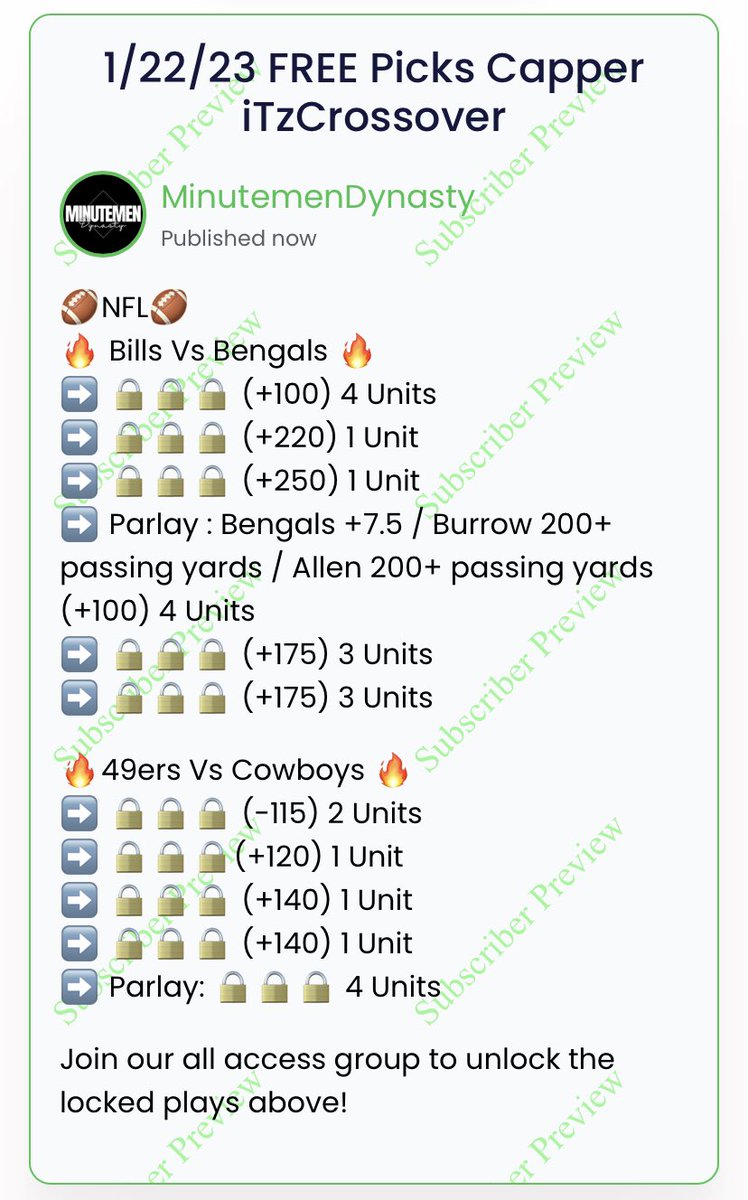 Capper: <a href="/iTzCrossOver/">iTzCrossOver</a> 

FREE PICK OF THE DAY — brought to you by <a href="/BetUS_Official/">BetUS Sportsbook & Casino</a>

Use our exclusive link 
bit.ly/Minutemen125si…  
To get a 125% Bonus Up to $2500

To unlock our locked plays, join our all access group.(Link in bio)

#NFLPlayoffs 
#NFL
#BillsMafia 
#RuleTheJungle