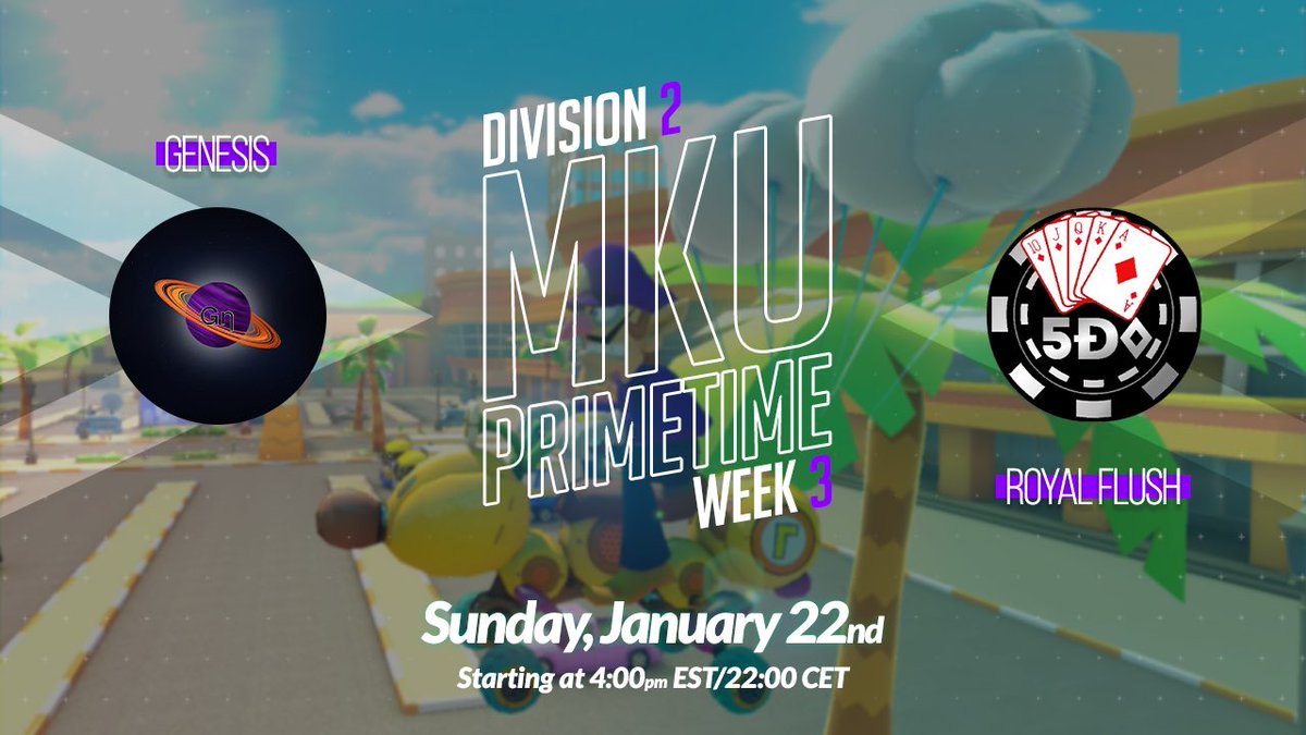 mk_central's tweet photo. We’re back this Sunday with some more MKU Primetime! Starting at 4:00pm EST / 22:00 CET, we go to Division 2 for the match between @GenesisMK2021_ and @FullHouseMK8DX! Which team will play their cards right, and which team will go home broke? https://t.co/mzer8KYTtc https://t.co/NCMdnH1SGa