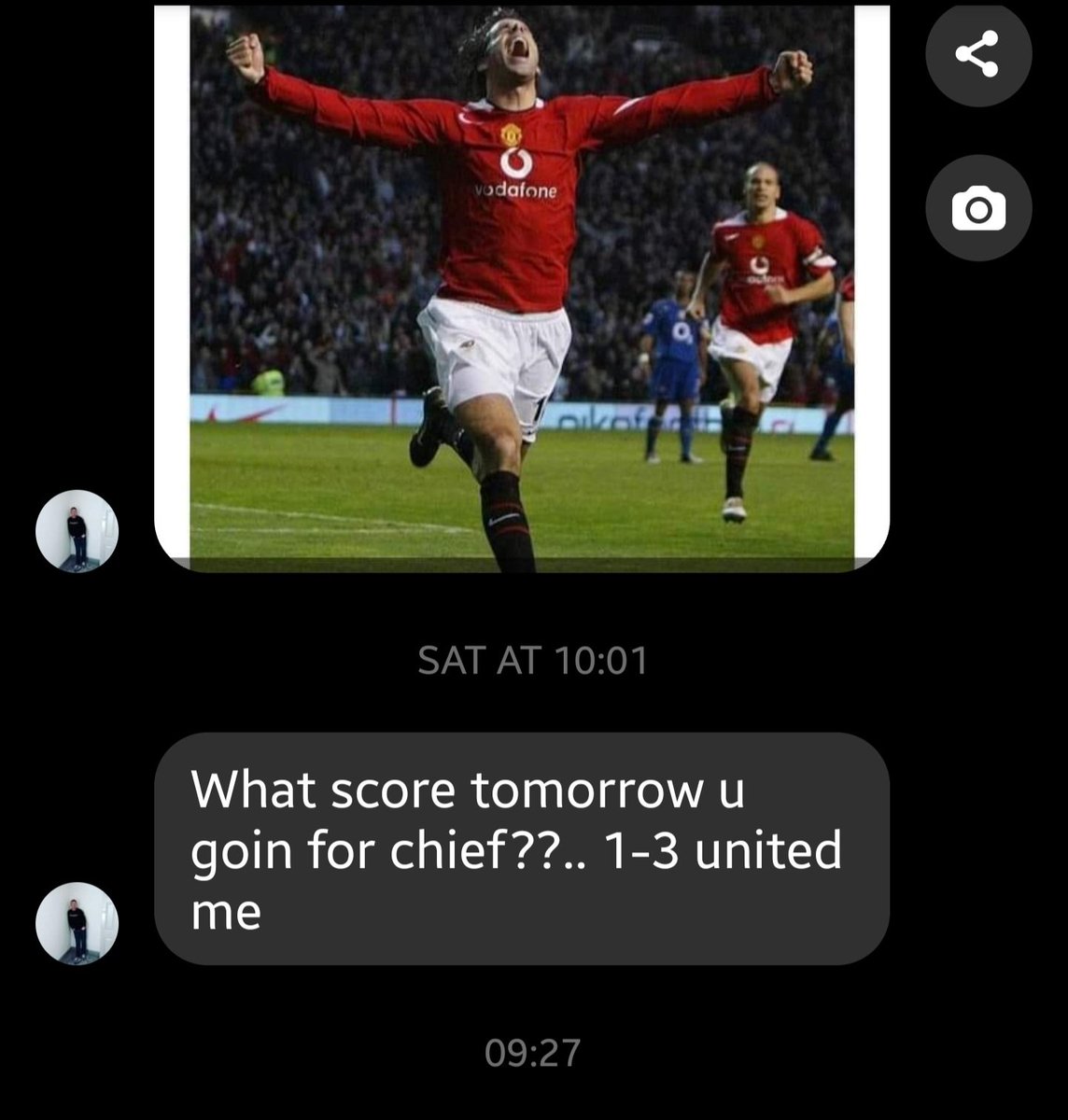 My pal (United supporter) sent me this t'other day. I replied 2-1 just as the match started. Not heard a dicky bird from him since 😂 #Gooners #Arsenal