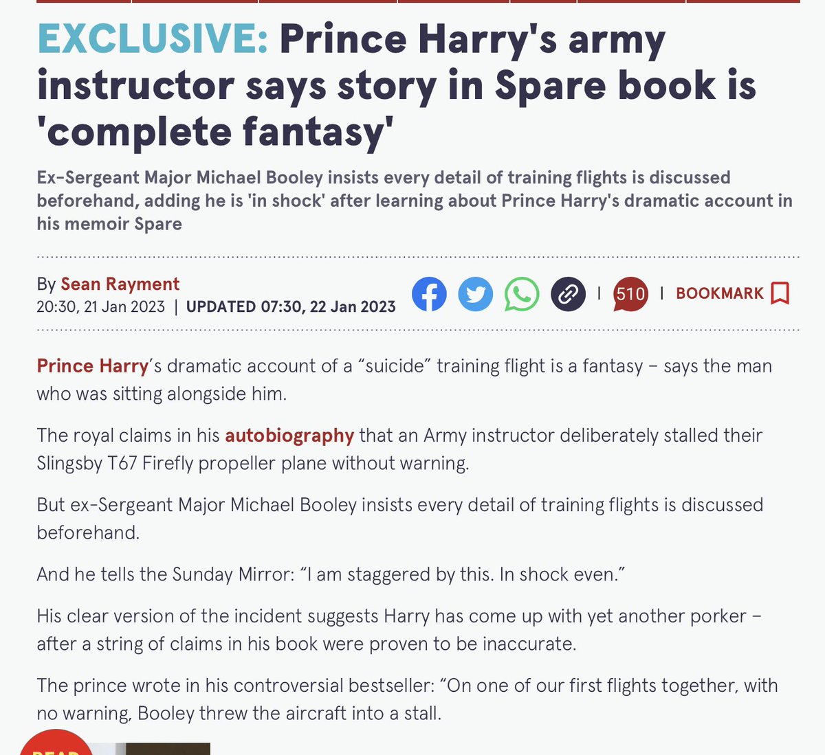 scobie's tweet image. Sergeant Major Michael Booley—Prince Harry's former flying instructor—says he feels "let down and betrayed" after speaking with a journalist about the flying stories shared in SPARE: "Not once did I say anything derogatory... and I certainly never said it was 'complete fantasy'".