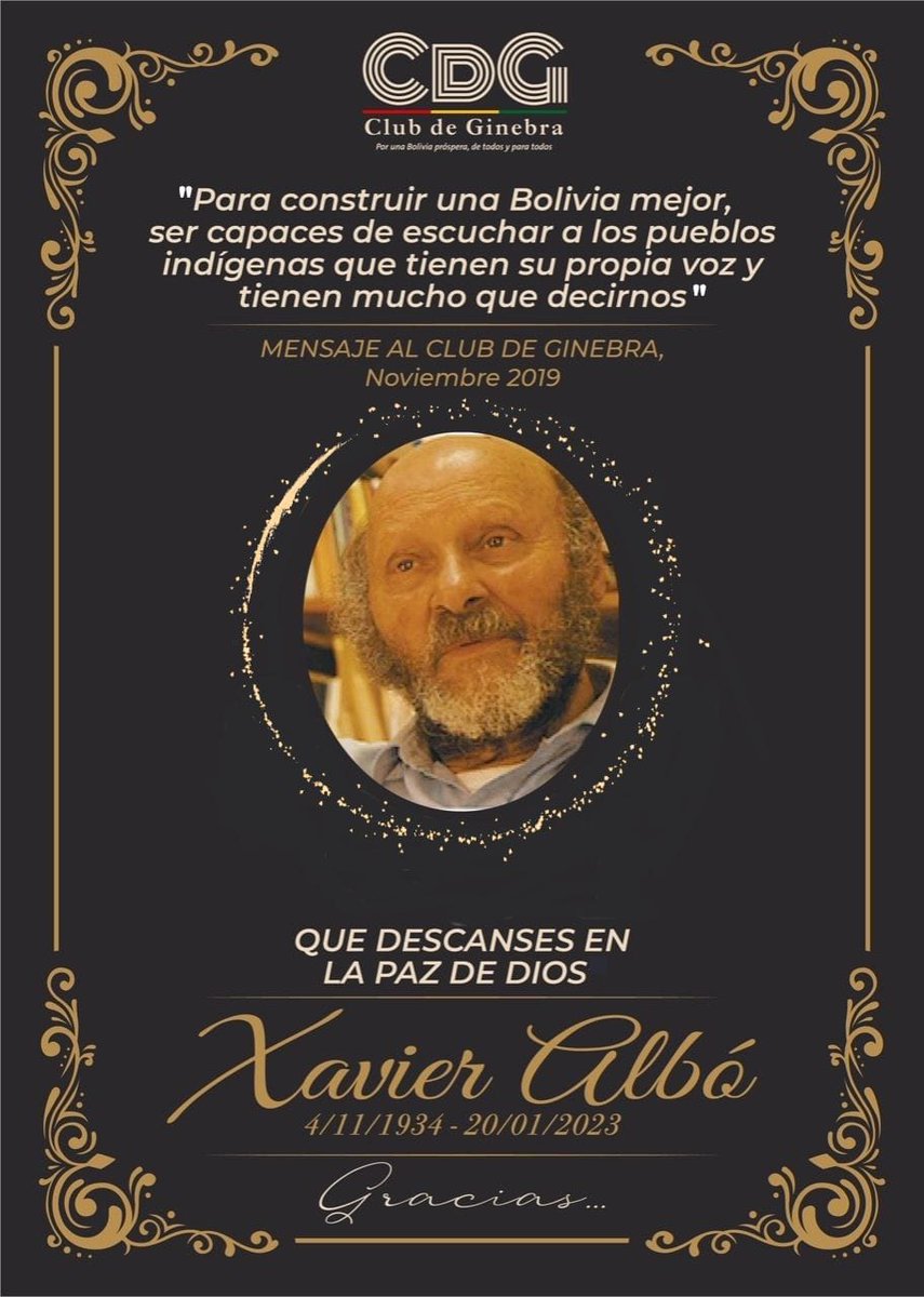 El @ClubDeGinebra lamenta el fallecimiento de Xavier Albó, sj, destacado lingüista y antropólogo español. Que en paz descanse el padre Xavier Albó. #XavierAlbo #fundacionxavieralbo #Bolivia