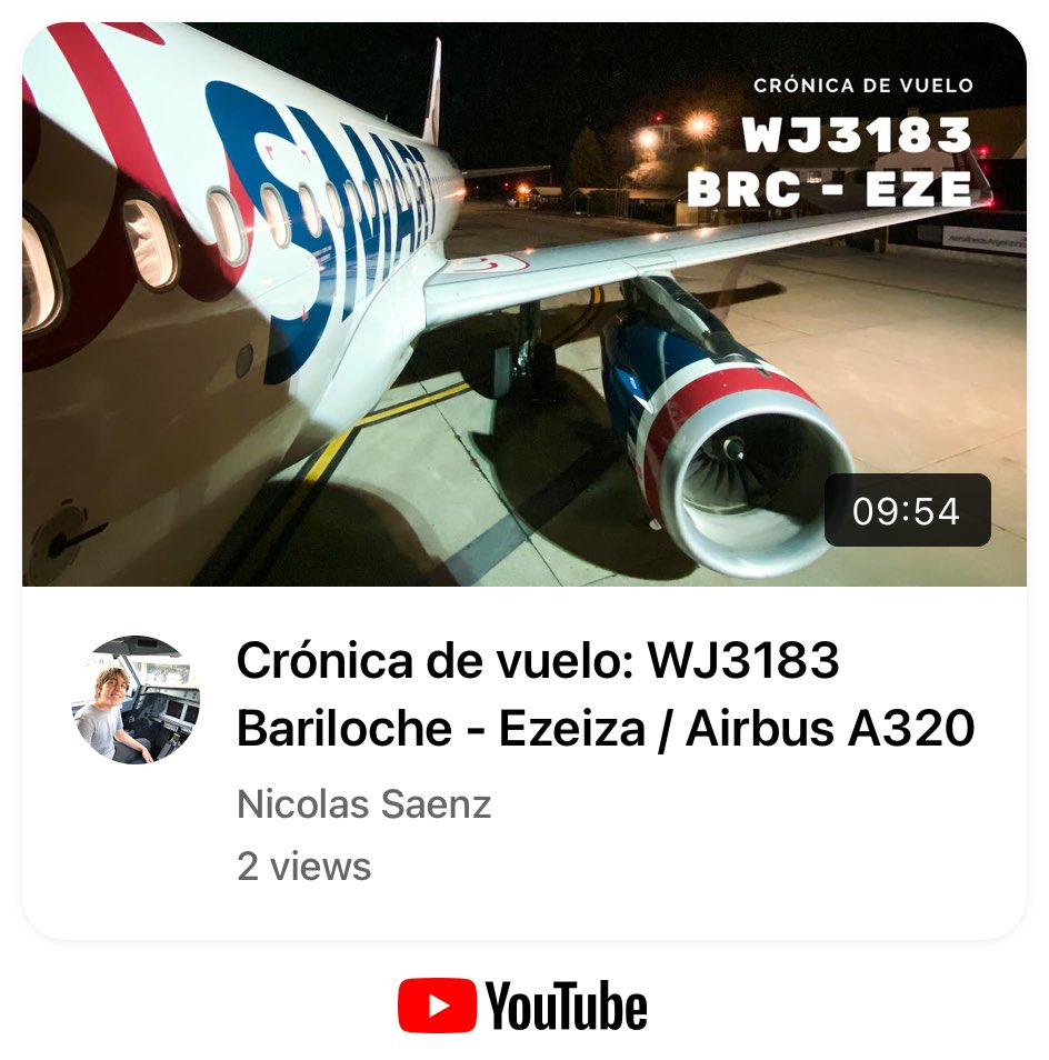 ns_spotter's tweet photo. ¡Nueva crónica de vuelo! WJ3183 Bariloche - Ezeiza / Airbus A320 https://t.co/9ooTIl2obI vía @YouTube https://t.co/5zY9p6SBa2