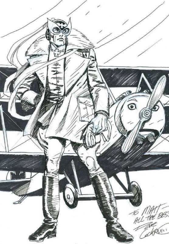 Lisa_Organa's tweet photo. Two unique Enemy Ace pieces from back in the day using Kubert books I lent as reference: Michael W. Kaluta & Dave Cockrum. At the time both told me, respectively, they had never drawn the character #DCWar #DaveCockrum @superdoug77 @Big5Army @spyvinyl @Faustuszero @IowasJoe https://t.co/QoMgRxC9LO