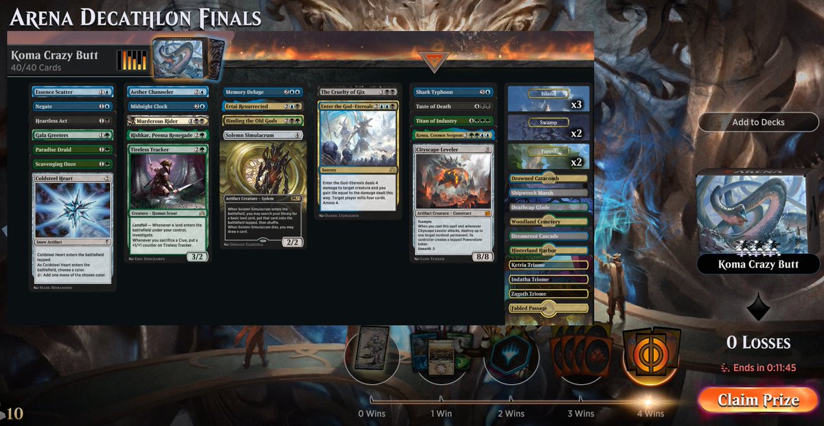 🏆4-0 with Sultai in Decathlon Finals 🥳

Got up to 3 wins with Selesnya, but with all the info and experience I feel like Sultai was indeed the best deck.
Played a lot of mirrors so I added Greeters and Rishkar to win the ramp race 🚀. Taste of Death was 🐐ed!

#MTG <a href="/fireshoes/">Robert Taylor🔥</a>