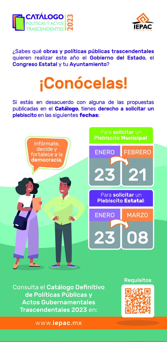 IEPACYucatan's tweet photo. Tú tienes derecho a solicitar un plebiscito 🗳 sobre la Agenda Legislativa 📜 o alguna propuesta de tus autoridades incluida en el Catálogo de Políticas y Actos Trascendentes 2️⃣0️⃣2️⃣3️⃣

Consúltalo en 💻📲 https://t.co/whGt9eXTVd

Infórmate y ¡decide! https://t.co/Bz4DwDQ6zL