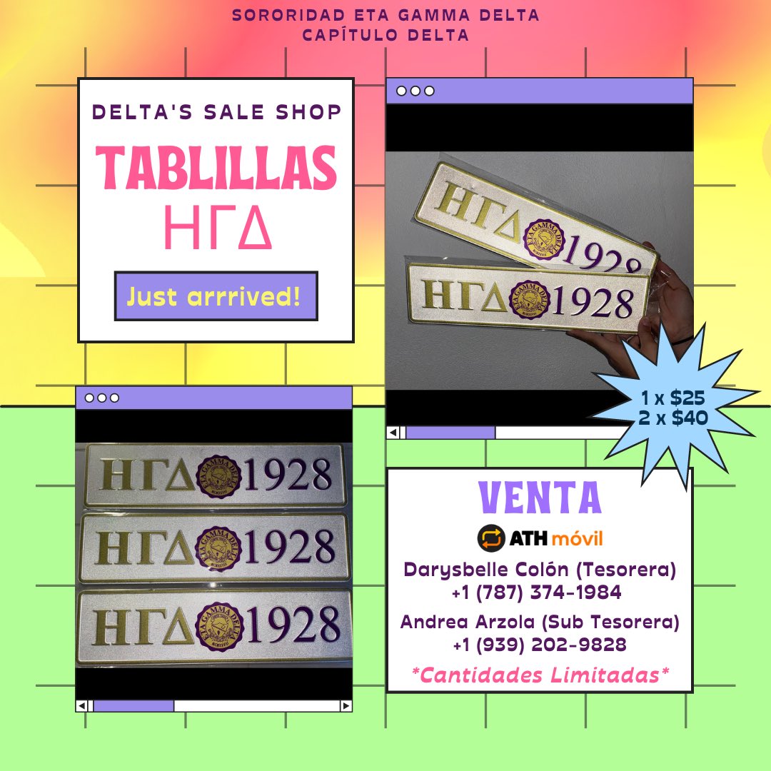 ✨ ¡LLEGARON LAS TABLILLAS! ✨

💗 Si ya ordenó, favor de comunicarse con la tesorera capitular Darysbelle Colón Lugo para la entrega o recogido.

💗 ¡Aún hay tablillas disponibles!

📲 Pagos a través de ATH Móvil. En la descripción colocar “Tablillas ETA”. 🚨