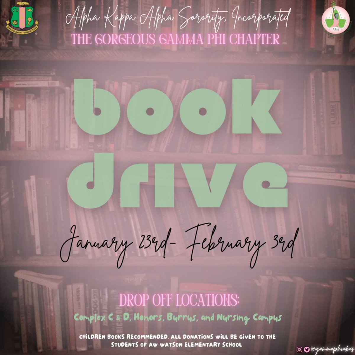BooKs are better! Join the ladies of Alpha Kappa Alpha Sorority, Incorporated, the Gorgeous Gamma Phi Chapter as we collect books for the students of AW Watson Elementary School. We are excited to receive your donations!💗💚📚
#AKA1908 #SOARINGWithAKA #SERVICE #BOOKDRIVE