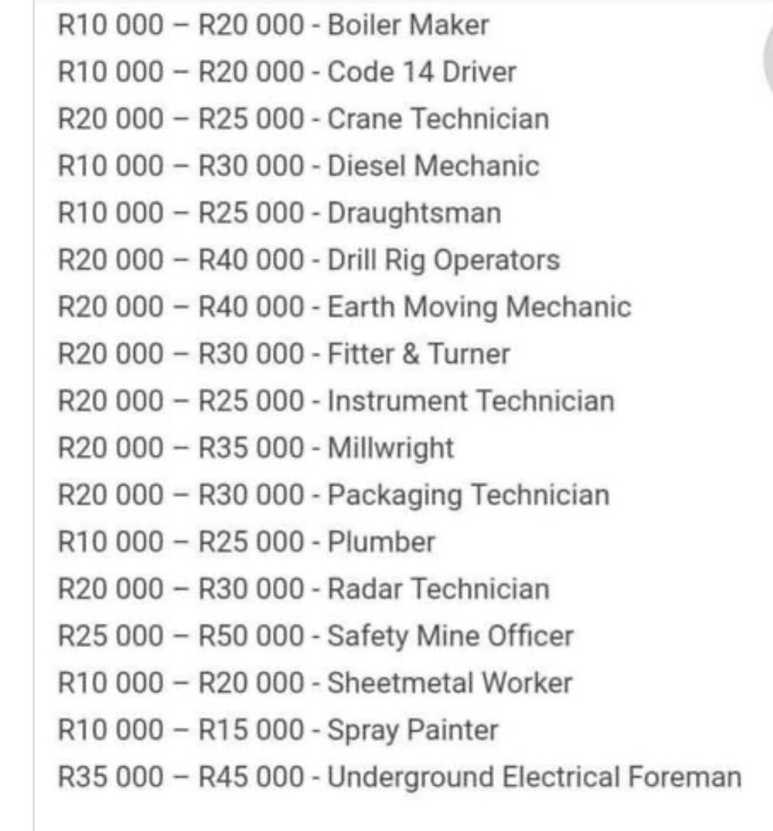 Chibuleni's tweet image. University is not the only way to be successful. Encourage your child to get a trade. This just the average salary scale for Artisans. With 5 years experience you can earn more. Universalities are not the only institutions which can take you far,TVET colleges can help too