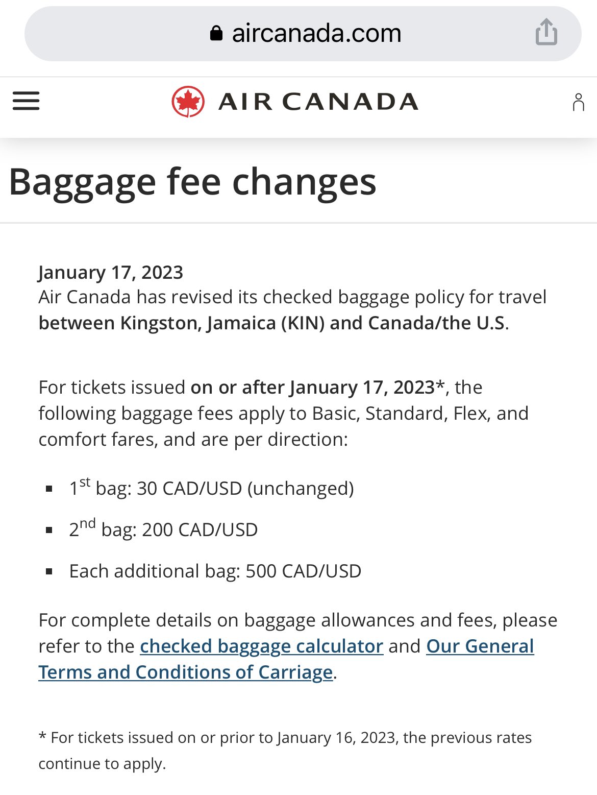 Air canada additional checked baggage policy sale