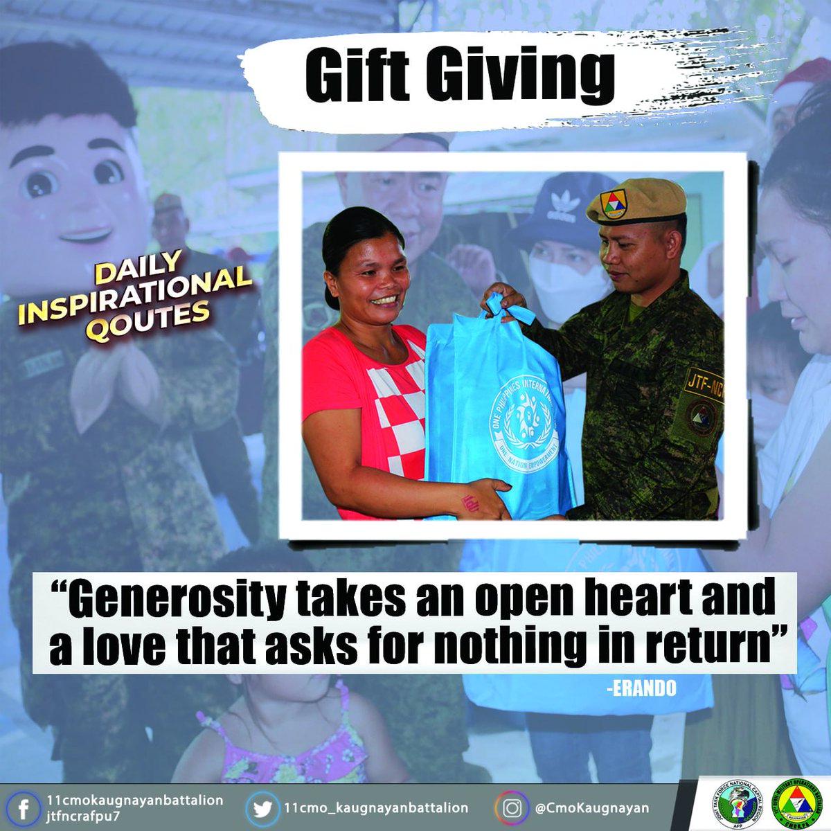CmoKaugnayan's tweet photo. "Generosity takes an open heart and a love that asks for nothing in return".

Follow us on:
Twitter: https://t.co/yNRso9LeRJ
Instagram: https://t.co/rYm0grQHuP

#KaugnayanParaSaKapayapaan 
#ParaSaBayan
#AFPyoucanTRUST https://t.co/5ri8hEJkbj