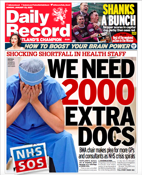 Daily_Record's tweet image. In tomorrow&apos;s Daily Record: Scotland’s doctors are at breaking point because of a shortage of 2000 GPs @hendopolis 
#TomorrowsPapersToday #NHSSOS