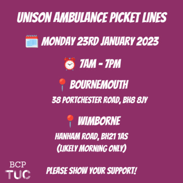 DorsetPA's tweet photo. Via BCP TUC #Bournemouth: 38 Portchester Road, BH8 8JY #Wimborne: Hanham Road, BH21 1AS (likely to be morning only) #ambulancestrike #Dorset https://t.co/v6mBHfmdiX