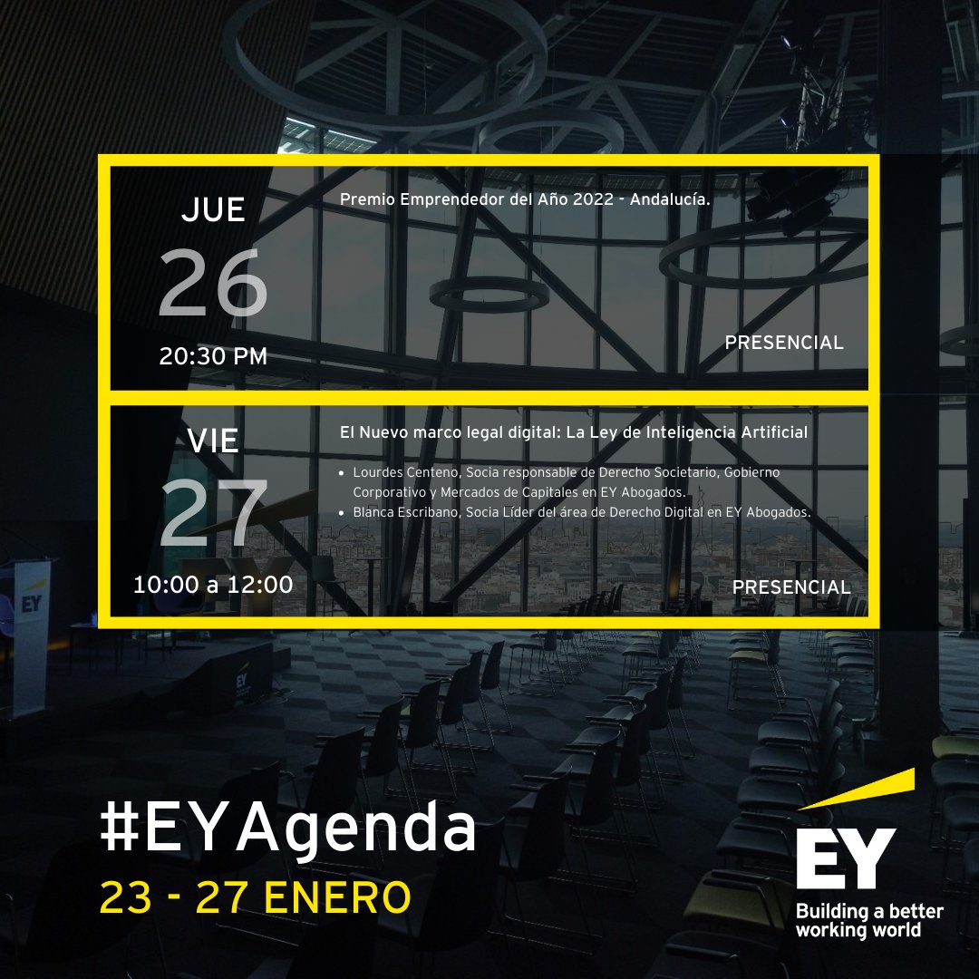 EY_Spain's tweet photo. 📅 Lunes 23 Enero – Viernes 27 Enero 📅

Esta es la #AgendaEY de esta semana. Elige el #evento que más te interese y apúntate para seguirlo #endirecto 🖋

🔗Registrate⬇

#EY #EventoEY #Webinar https://t.co/TBTI9BWZL6