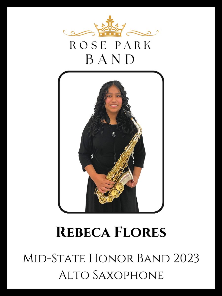 RosePark_Band's tweet photo. Congratulations to Ms. Rebeca Flores who auditioned and was selected to represent Rose Park at the 2023 Mid-State Honor Band Clinic!  Rebeca placed 9th out of 109 Alto Saxophones to earn her spot! Way to go, Rebeca! You inspire us! @roseparktitans @MMUNashville https://t.co/RGzSiZR3rI