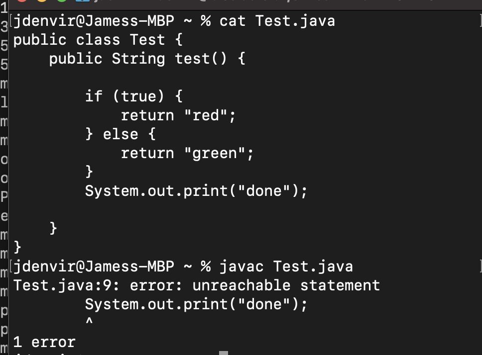 jim_'s tweet photo. @scrumtuous The "red X" represents a compilation error. In Java, at least, the compilation error is an unreachable statement. You can keep telling people they're wrong, but that is at least a correct and valid answer. https://t.co/igIqmTkBMz