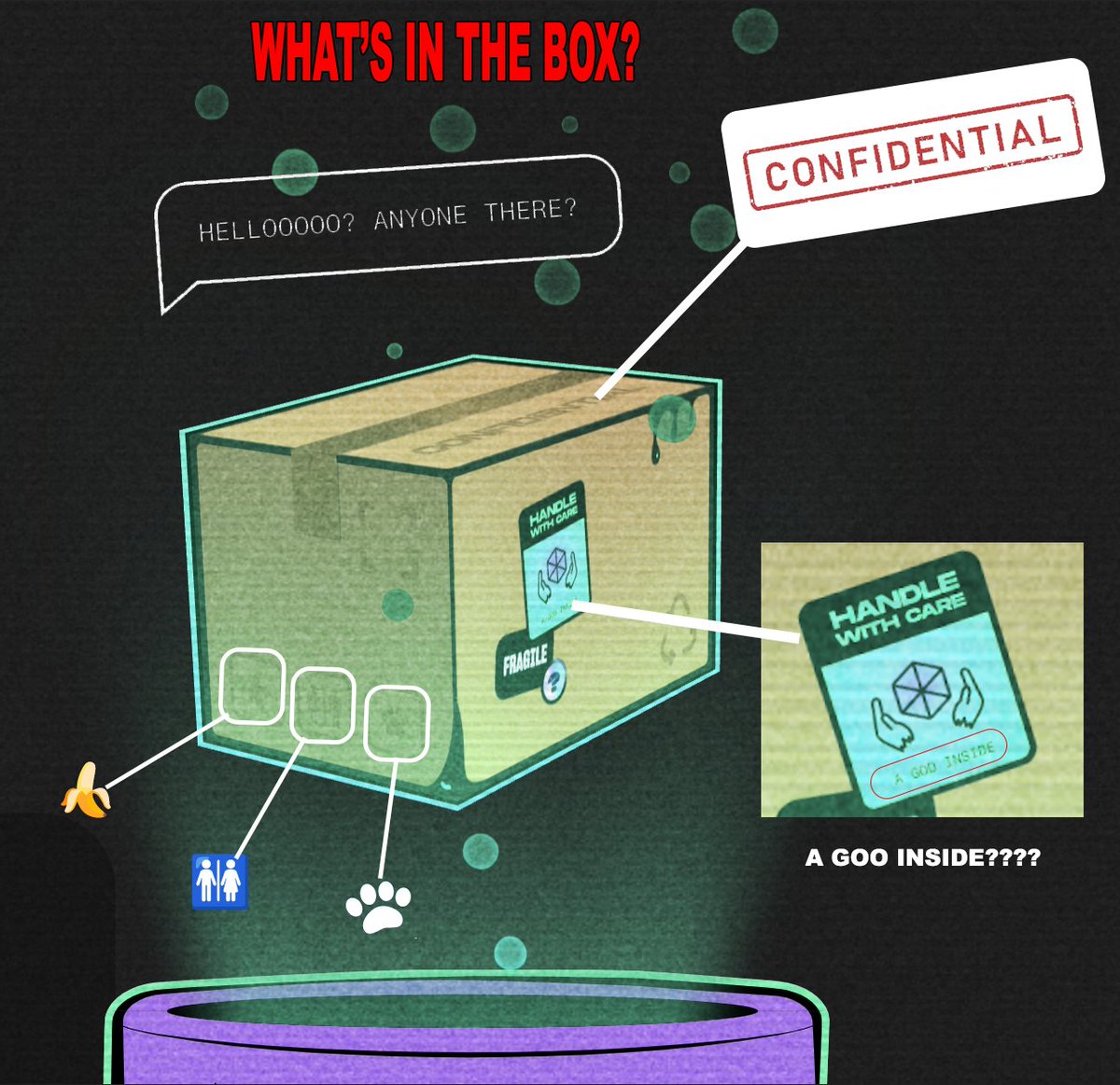 a_raving_ape's tweet photo. In between some rounds of #DookeyDash... decided to take a look further at this box 👀👀

- Confidential 
- Alive (Has a voice)
- A Goo Inside?? (Goo or GOO like G.O.O???)
- Animal Print
- M/F?
- Banana https://t.co/97LnUWUQjk