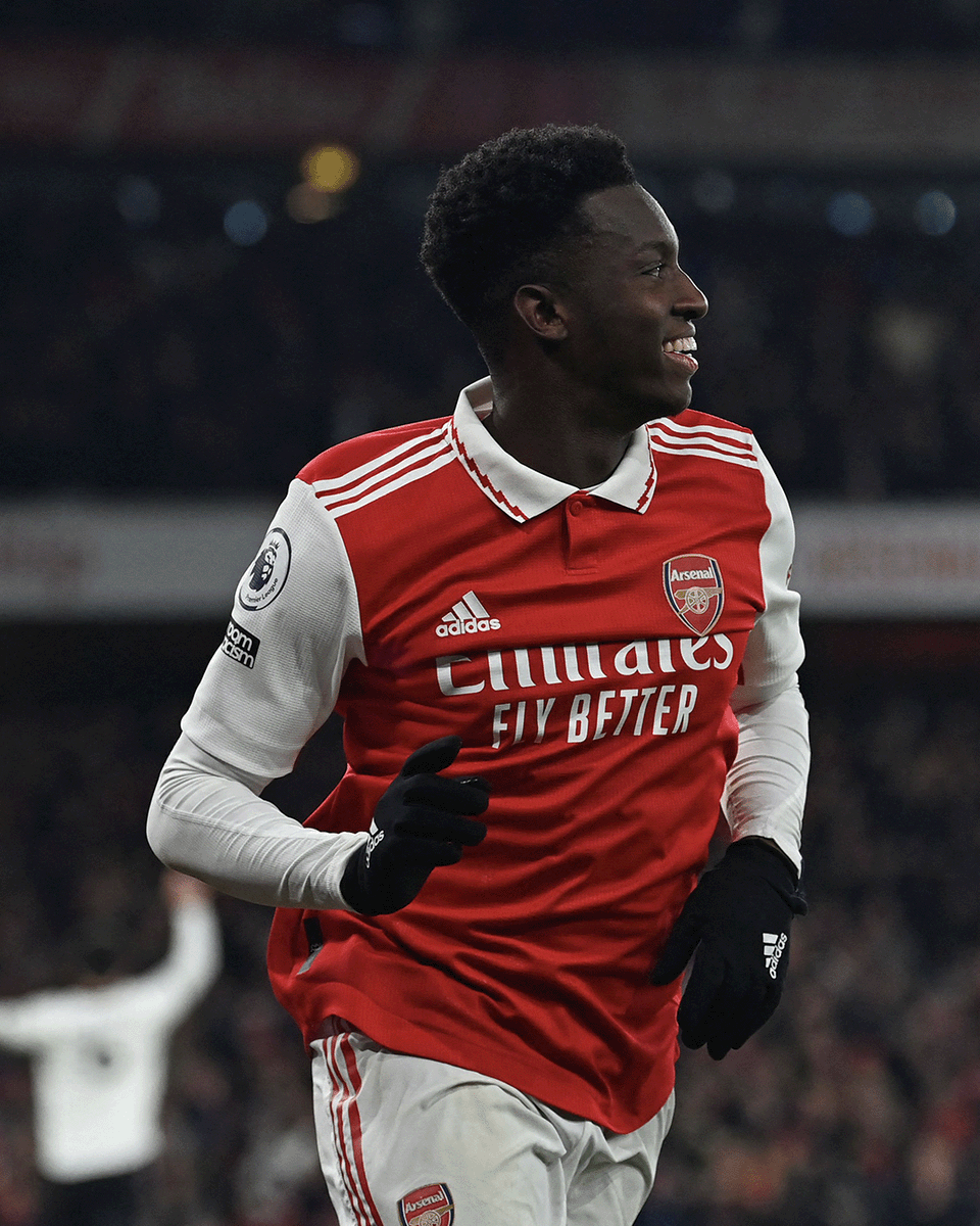 premierleague's tweet photo. Eddie Nketiah has scored 19 goals across his last 26 starts for Arsenal in all competitions, including 13 in his last 13 starts at the Emirates Stadium 👏

#ARSMUN https://t.co/tTP2hiLMgE