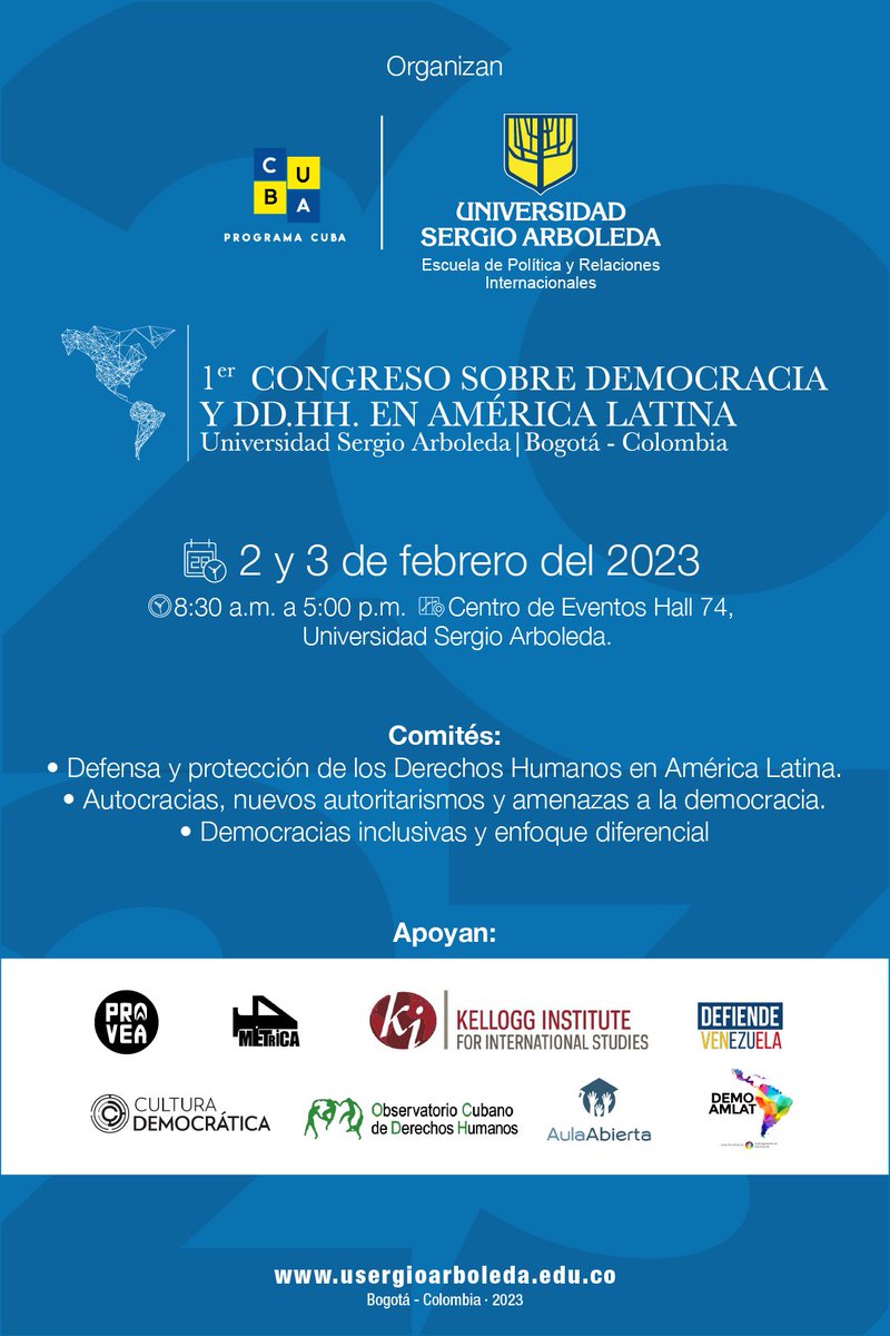¡Los esperamos en el primer Congreso sobre Democracia y América Latina, organizado por el <a href="/ProgramaCuba/">Programa Cuba</a> de la EPRI!

El evento se relizará en el Hall74 de la <a href="/USergioArboleda/">Universidad Sergio Arboleda | #SergistaSiempre</a>!