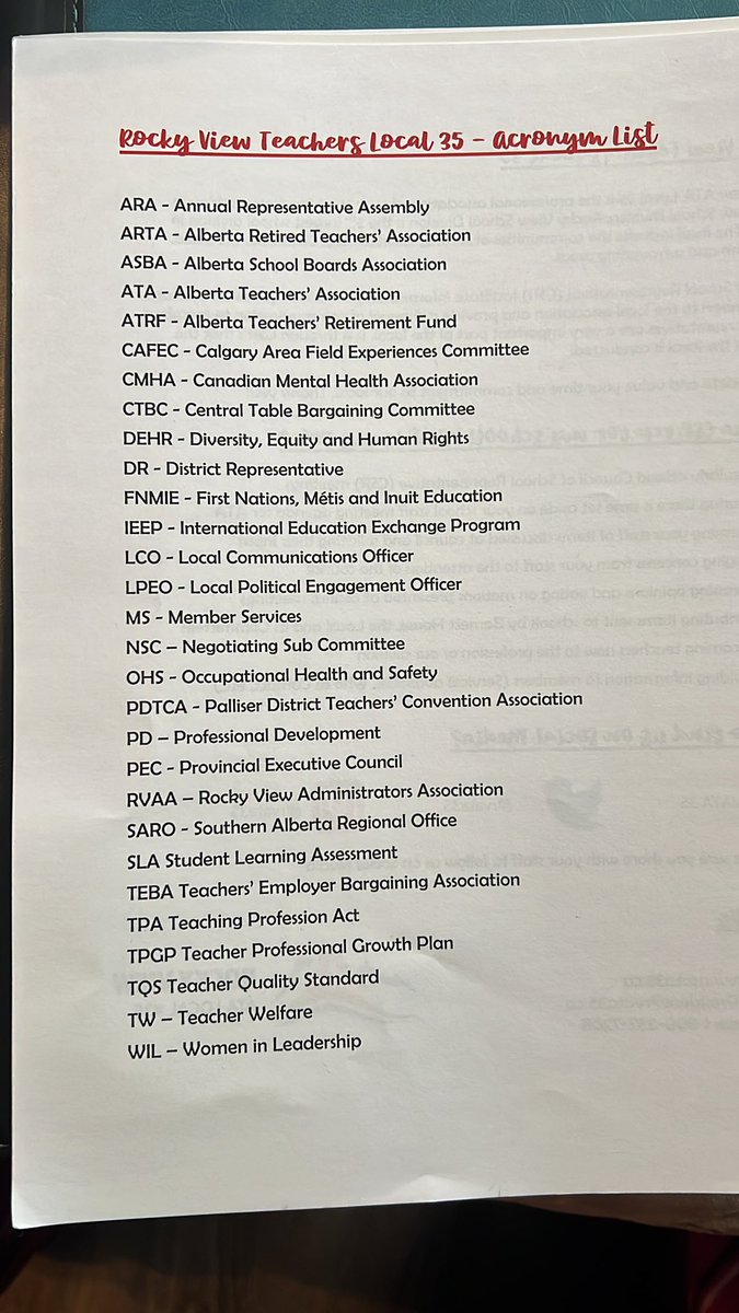 Hey #abteachers here is a list of the acronyms you might read in ppls tweets. This should help you decipher some of the alphabet soup! Thanks @rvata35 for the cheat sheet. Disclaimer: there is a couple specific ones to my board but the rest apply.