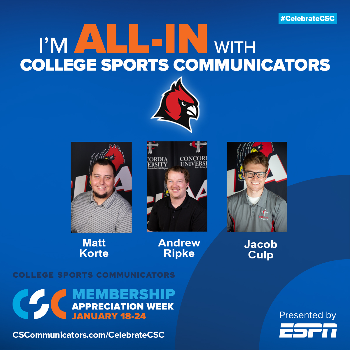 WHACAthletics's tweet photo. Concordia University-Ann Arbor is lucky to have these 3 promoting the @CUAACardinals. Matt Korte, Andrew Ripke, and Jacob Culp do it all! @CollSportsComm #SundayStas #WeAreStoryTellers #CelebrateCSC https://t.co/N9D6Apa2Fd