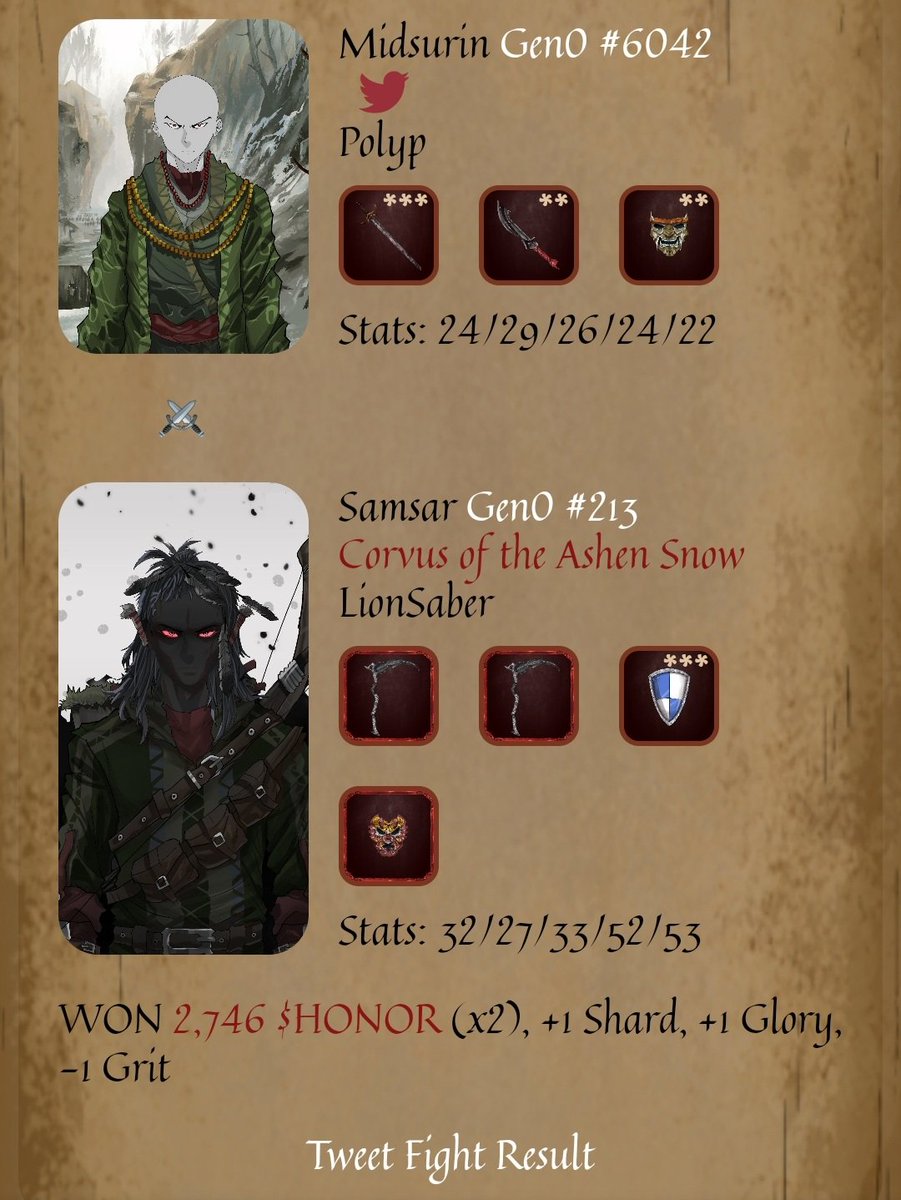 Crypto_Polyp's tweet image. Did a 100 warrior two day battle for Glory and $HONOR. Results were average, but got a good haul of badges.

Had a nice battle with fellow mod LionSaber and put a stop to @abyssrunner 's no flushing rein of terror 🤣😂

#SQFridayFightNight 
#NFTGames
#NFTs