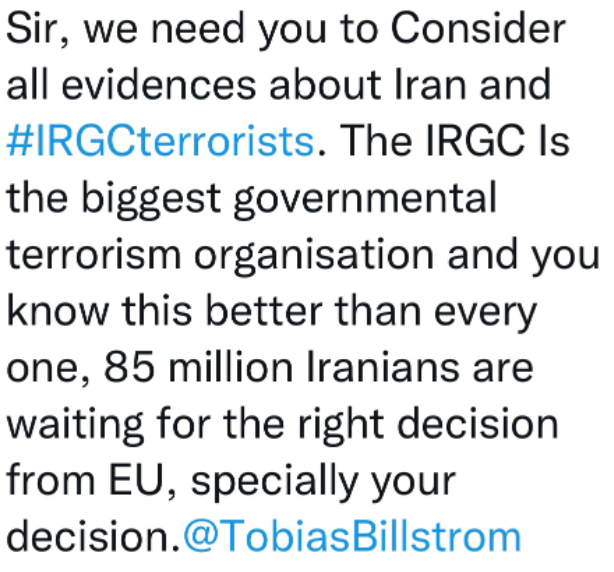 maleki_se's tweet photo. این رو بهر زبانی پخش کنید برای بیلستروم و بورل

Mer än 80 miljoner iranier väntar på att se dig stå på rätt sidan av historien på måndag genom att erkänna #IRGCTerrorists. En värld utan #IRGC är definitivt tryggare, inte bara för #iranier och #ukraina utan för alla.
#Be_Our_Voice https://t.co/Hq7eAEem6S