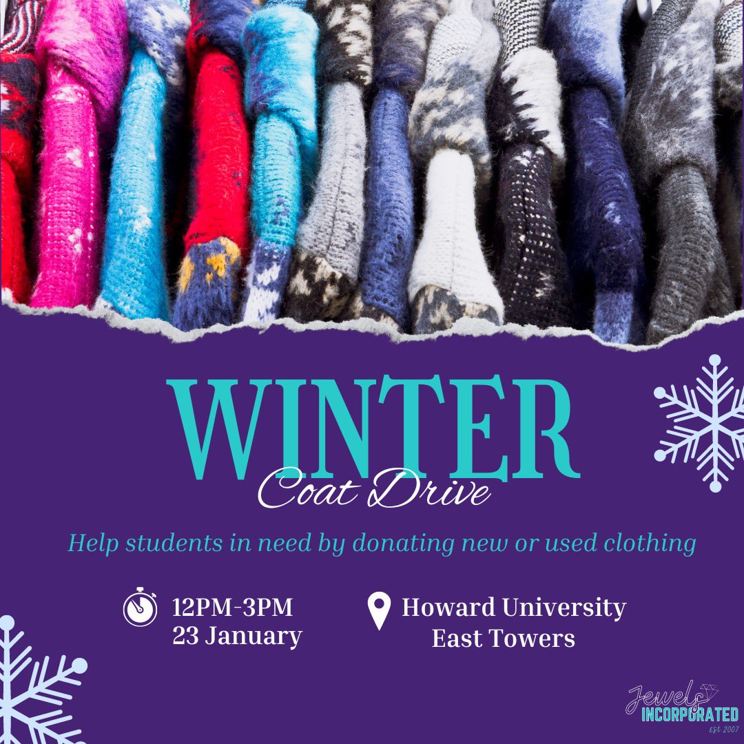 Jewels, Inc. is hosting a coat drive in order to give back to our local urban communities!
Please bring jackets,hoodies, or coats to East Towers tomorrow from 12-3! Thank you! 💜