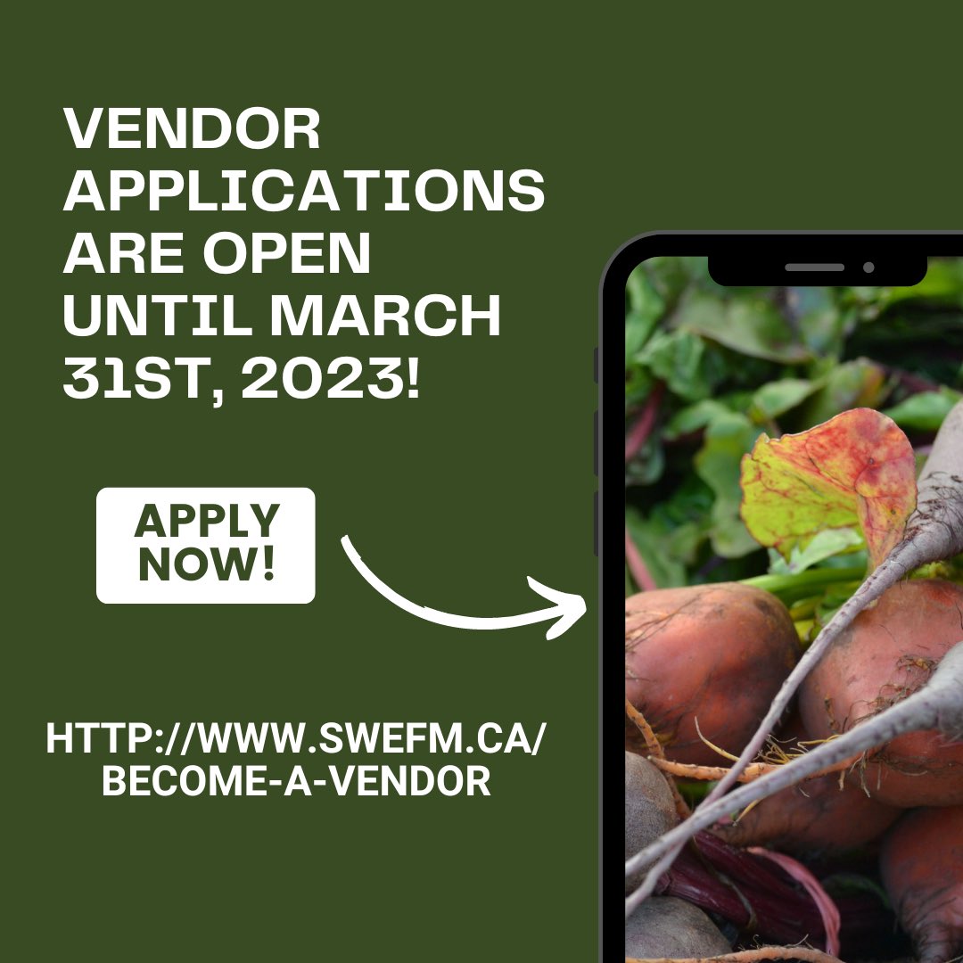 📢 We are SEEKING VENDORS for our 2023 season! 📢
 
The 2023 online Vendor Application is now open and ready to go! The deadline to apply for the master schedule for the season is March 31, 2023. Please access the application through our website: swefm.ca/become-a-vendor