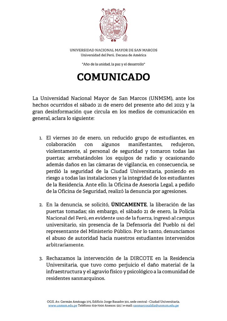 UNMSM_'s tweet image. 🔵 #COMUNICADO | La @UNMSM, ante los hechos ocurridos el sábado 21 de enero del presente año y la gran desinformación que circula en los medios de comunicación en general, aclara lo siguiente.