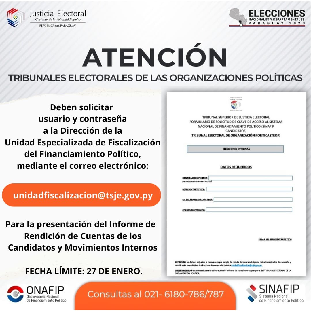 TSJE_Py's tweet photo. Los Tribunales Electorales de las organizaciones políticas tienen tiempo hasta el 27 de enero para presentar informes de Rendición de Cuentas de Candidatos y Movimientos Internos que participaron de las #InternasPy2022🗳🇵🇾 pasadas.
👇🏻 Aquí toda la ℹ️ https://t.co/MkQAry24YG