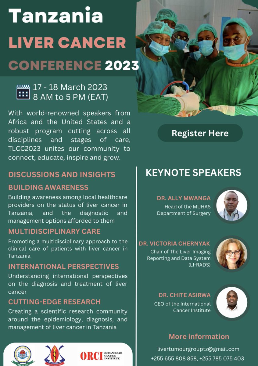 Excited to announce the first liver cancer conference in Tanzania bringing together radiologists, surgeons & hepatologists from 🇹🇿 & 🇺🇸 to discuss guidelines, research, and future outlook of this highly prevalent disease in Tanzania and beyond. Register: bit.ly/3XJ64hA