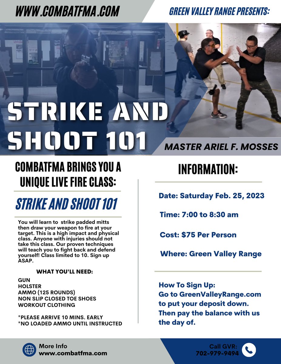 CombatFMA's tweet photo. Upcoming class for next month! Reserve your spot today!                                                  #SelfDefense #guns #livefire #combatfma #arielfmosses #LasVegas https://t.co/7mqHl8Dxmz