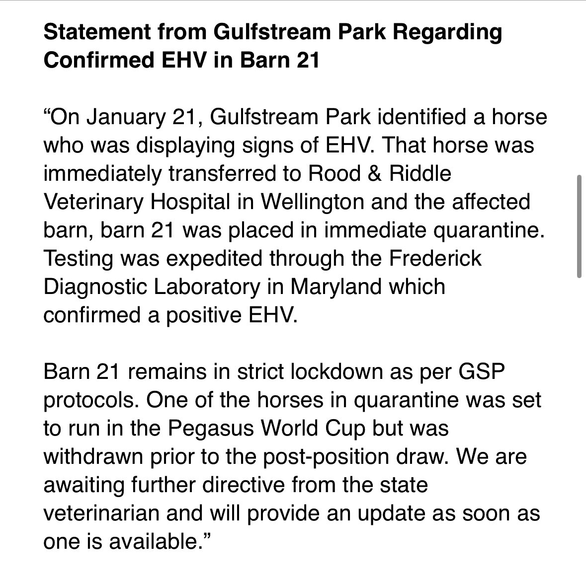 Statement from <a href="/GulfstreamPark/">Gulfstream Park</a> regarding confirmed EHV in Barn 21.