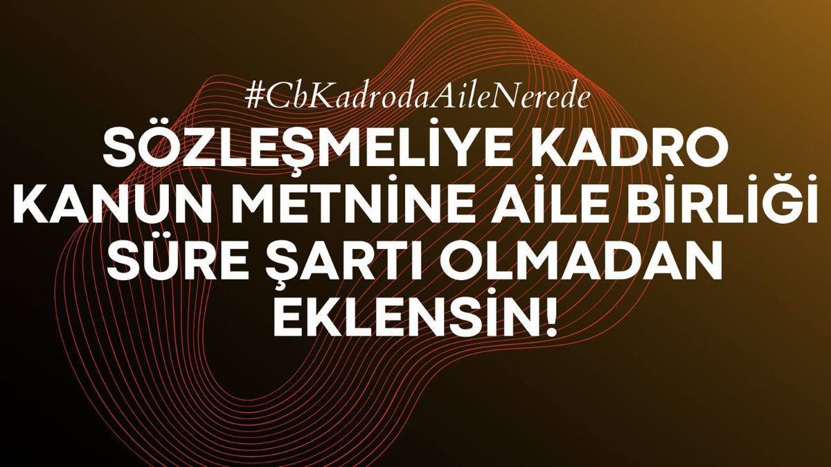 Sayın Cumhurbaşkanımız siz kadro müjdesini verirken aile birliğini özellikle vurguladınız lakin karşımıza süre şartı geldi. Lütfen süre şartsız eş durumu hakkımızı sağlayın 🙏 
<a href="/RTErdogan/">Recep Tayyip Erdoğan</a> 
<a href="/fuatoktay/">Fuat Oktay</a>
 
<a href="/israfilkisla/">İsrafil KIŞLA</a>

<a href="/ikalin1/">İbrahim Kalın</a>

<a href="/hasandogan/">Hasan Doğan</a>
 
@MetinKiratli01
 #CbKadrodaAileyiKorur
