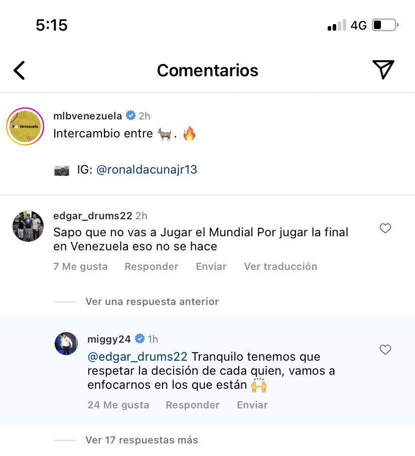 La página de Instagram de MLB Venezuela, publica a Ronald Acuña, un fanático comenta la publicación, luego MIGUEL CABRERA le responde esto. Al buen entendedor pocas palabras. MIGGY, MI CAPITÁN🔥🫡🫡