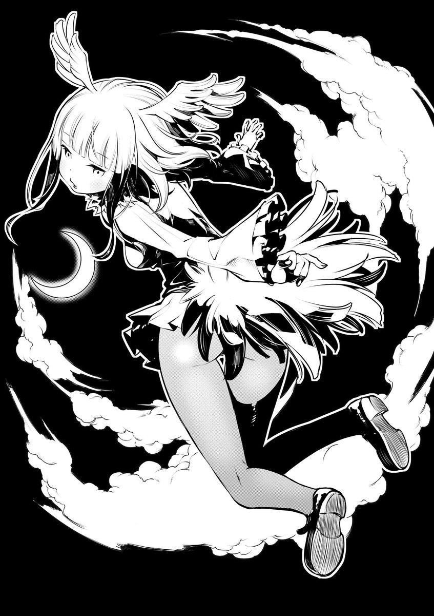1girl ass bangs blunt bangs cloud crescent moon greyscale  illustration images