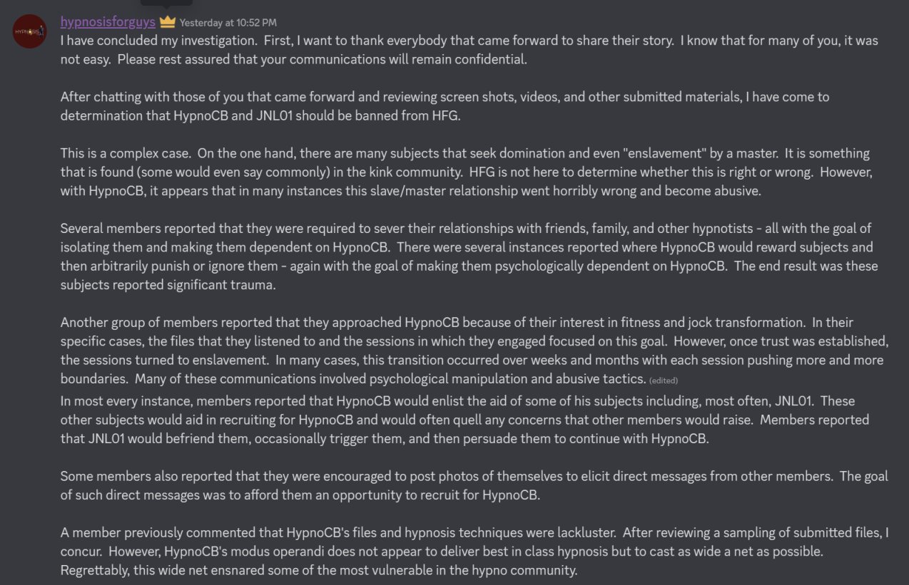 Will The Willing Subject on X: Very recently an investigation took place  on the HypnosisForGuys Discord server regarding the various toxic actions  of @hypnocb and @DroneJNL01. Both of these people have a