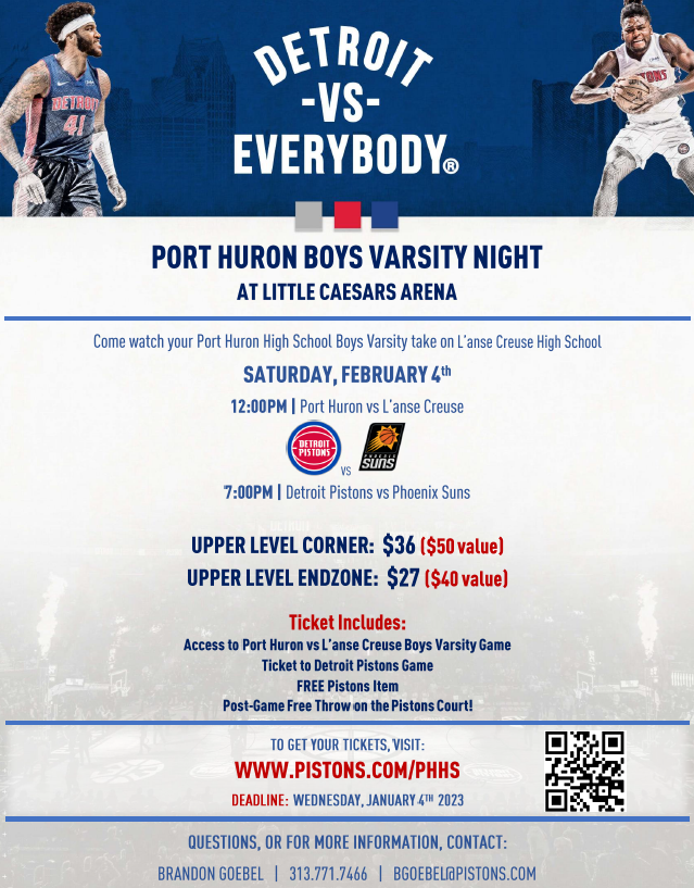 We make our return to the LCA Saturday, February 4th against L'anse Creuse.  Get your ticket using the link pistons.com/phhs
Ticket includes:
-Access to the Varsity Game
-Ticket to the Phoenix Suns vs. Detroit Pistons
-Free Pistons item
-Post-Game Free Throw on the Court