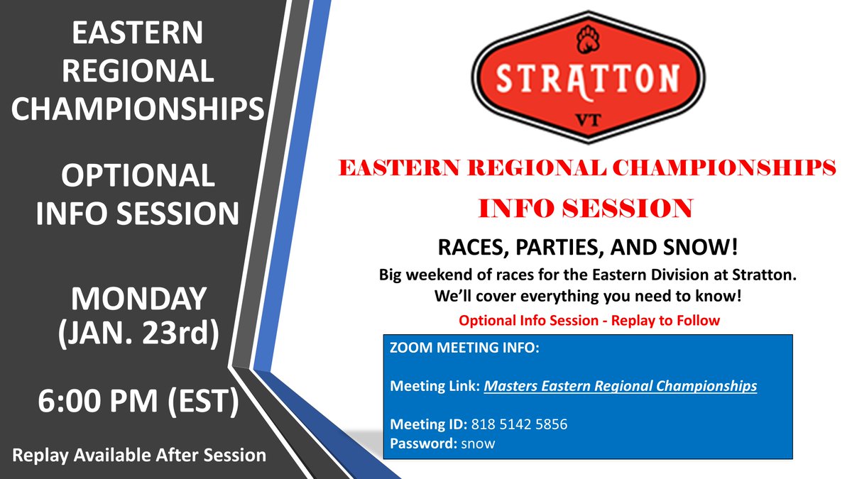 NEMSRacing's tweet photo. There will be an optional info session on Monday, Jan. 23rd at 6PM EST for anyone attending the Masters Eastern Regional Championships at @StrattonResort A replay will be available after for anyone unable to attend. @NEMSRacing https://t.co/sI5ZDQTl9H