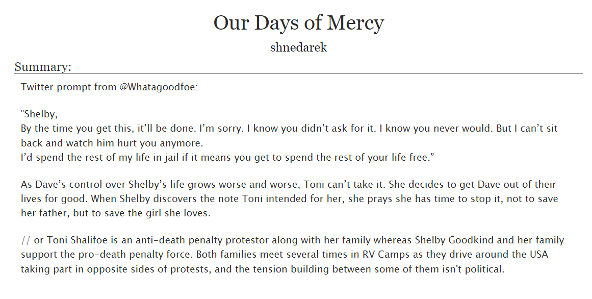 shnedarek's tweet photo. New fic is up (because I have 2 problems called 'too much time on my hands' and 'too many ideas in my head')
Inspired by @Whatagoodfoe; twist from @selenapicklebby
https://t.co/iNeUgTmY6e
#AU #TheWilds #ToniShalifoe #ShelbyGoodkind #Shoni #MyDaysofMercy #DaveGoodkind #fanfic https://t.co/vctnW2Swxz