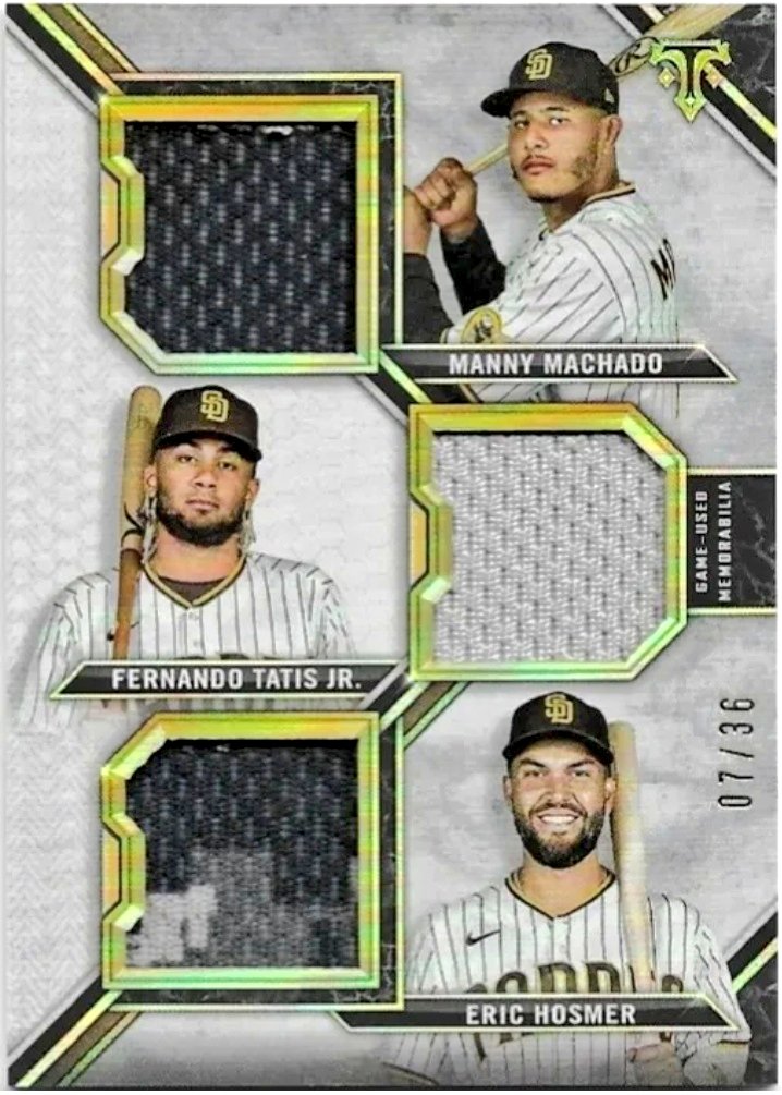 TresorSports's tweet photo. 2021 Topps Triple Threads #MannyMachado #tatis_jr #TheRealHos305 Triple Relic Combo #/36

$54.95 OBO 💎
W/Free Shipping

CALL ☎️ TEXT OR DM 📩

#baseballcards #topps #thehobby #TradingCards #whodoyoucollect #Padres #sportscardsforsale #MLB

@MesaCards @JakeMc945 @3bangerbreaks https://t.co/2dJEk4nqfJ
