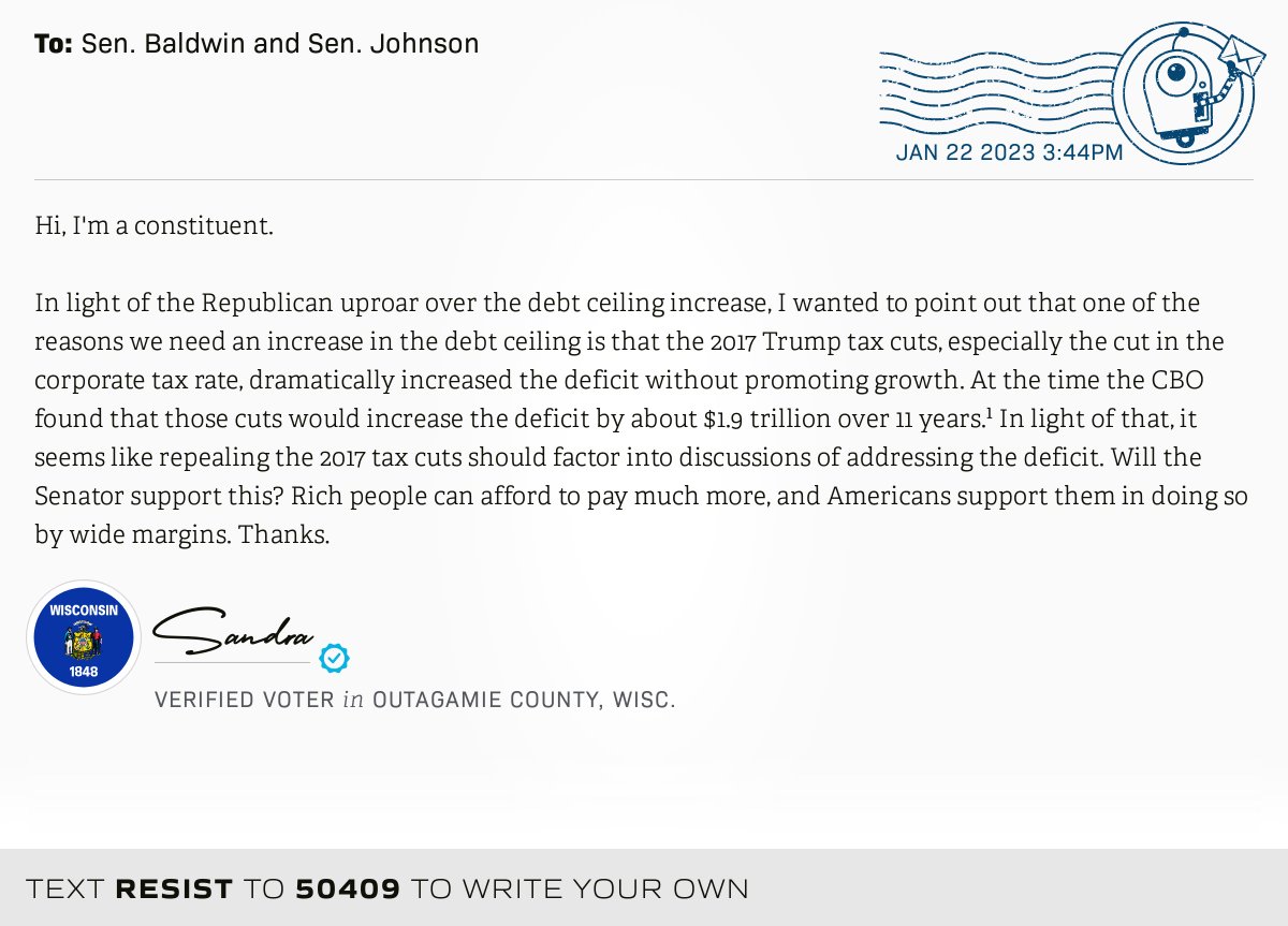 openletterbot's tweet photo. π¬ I delivered this βοΈ from Sandra, a π³ verified voter in Appleton, Wis., to @SenatorBaldwin and @SenRonJohnson #WI6 #WIpolitics π Write your own: https://t.co/z5540KoPID https://t.co/AX55CFWEqN