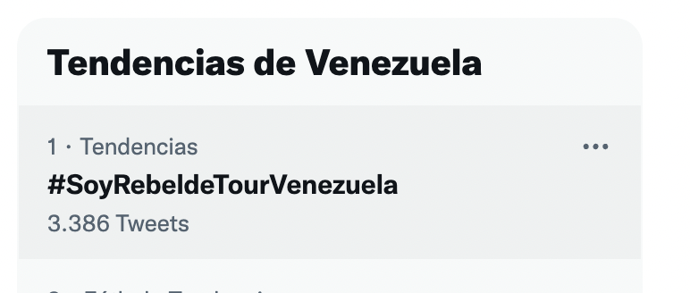 rbd_vzla's tweet photo. Somos No.1 señores en Venezuela #SoyRebeldeTourVenezuela vamos a seguir así!! 🇻🇪🔥 @RBD_oficial @AgteLive @UMusicVene @billyrosas @T6Hent @RBDGlobalFan https://t.co/SaShEJcStE