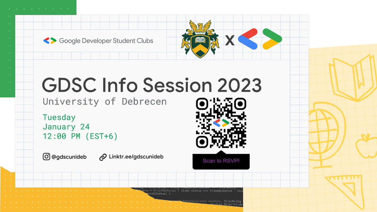 We are hosting our first inf session of the year where you will be able to meet the core members of GDSC unideb and expand your knowledge about GDSC. 🤩
RSVP here: gdsc.community.dev/events/details…
