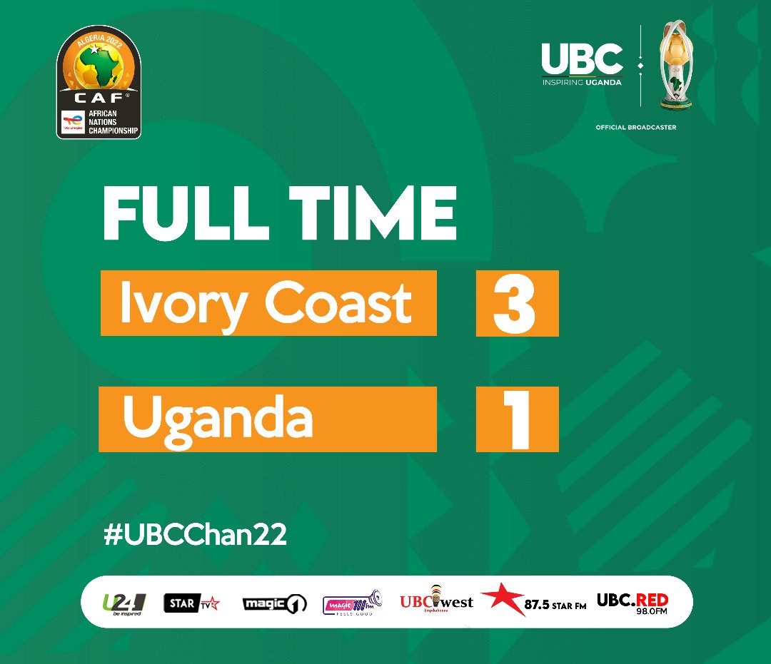 Uganda OUT of the CHAN championship after a 3-1 loss to Ivory Coast. #UBCChan22

FT Uganda 1-3 Ivory Coast

#TotalEnergiesCHAN2022