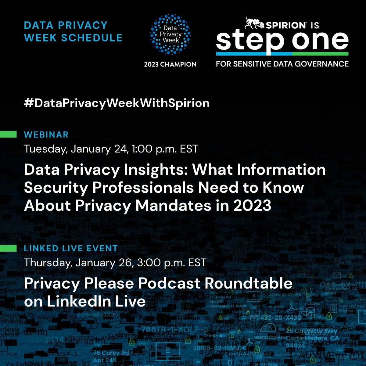 Spirion's tweet photo. It’s #DataPrivacyWeekWithSpirion, and we have a ton in store for you:
1. SecureWorld #DataPrivacyWeek Webinar on five new state laws
2. Data #Privacy Week Twitter Chat with @StaySafeOnline for tips & resources #privacychat
3. Podcast Palooza for #DataPrivacy news & best practices https://t.co/yLRobYPIWL