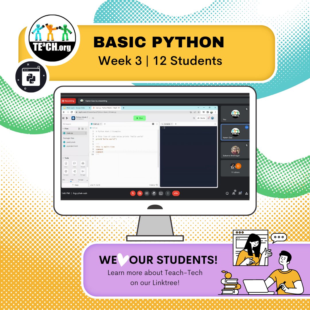 teachtechorg's tweet photo. Today we had 12 students in attendance for week 3 of our Basic Python class. 🙌🏽 
⁠
#teachtechnology #tech2023 #fyp #coding #python #freecoding #volunteer2023 #students #computerscience #onlineclass #programming #freeeducation #allages #learning⁠
⁠ https://t.co/WjtXjboIZX