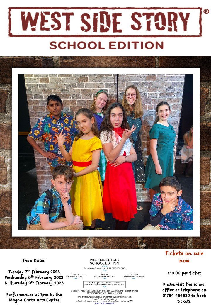 Tickets for Magna Carta Schools production of West Side Story are now on sale! Make sure you grab your tickets while you still can! 

#SupportLocalTheatre #WestSideStory #MusicalTheatre #Community #StainesUponThames #MagnaCartaSchool <a href="/MagnaCartaSch/">Magna Carta School</a> <a href="/hclaringbull/">Helen Claringbull</a>