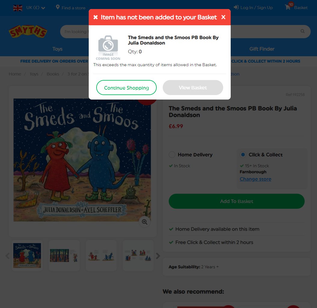 mattlintott's tweet image. Seriously @SmythsToysUK this is the most frustrating purchasing experience I've ever come across. I blow past 10 items in a basket daily but this is my daughters birthday which is enough stress without this hassle. Sadly that's pushed everything past 10 to another shop :\ #badux